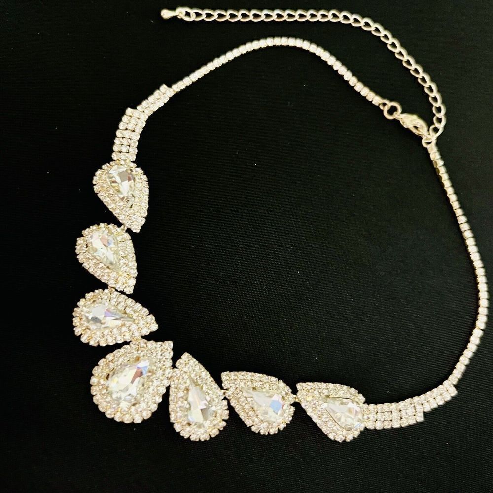 Vintage Necklace Bold Jeweled Clear Rhinestone Y Teardrop Gold T Statement 1522